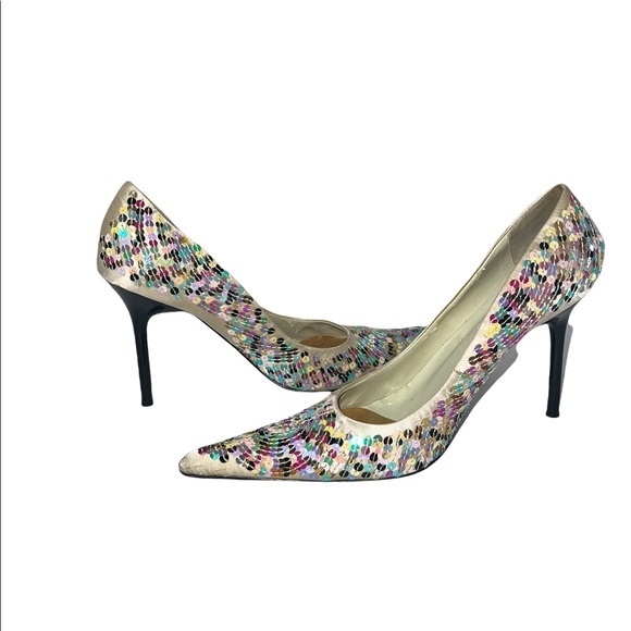 Steve Madden Mystikal Stiletto Heels 8.5 Satin Multi-Color Sequined Pointed Toe - Picture 3 of 13